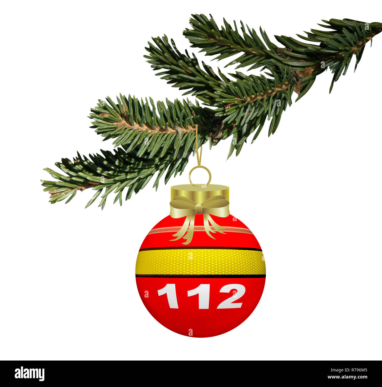 112, Feuerwehr christmas ball hängen an der Tanne Zweig Stockfoto