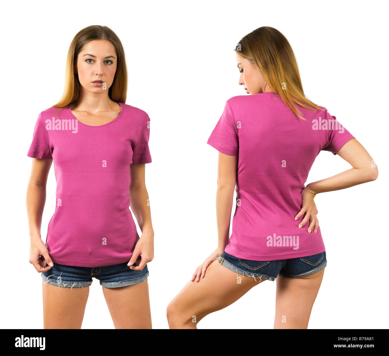 Foto einer Frau mit einem leeren Rosa t-shirt posiert bereit für Ihr Kunstwerk oder Design. Stockfoto