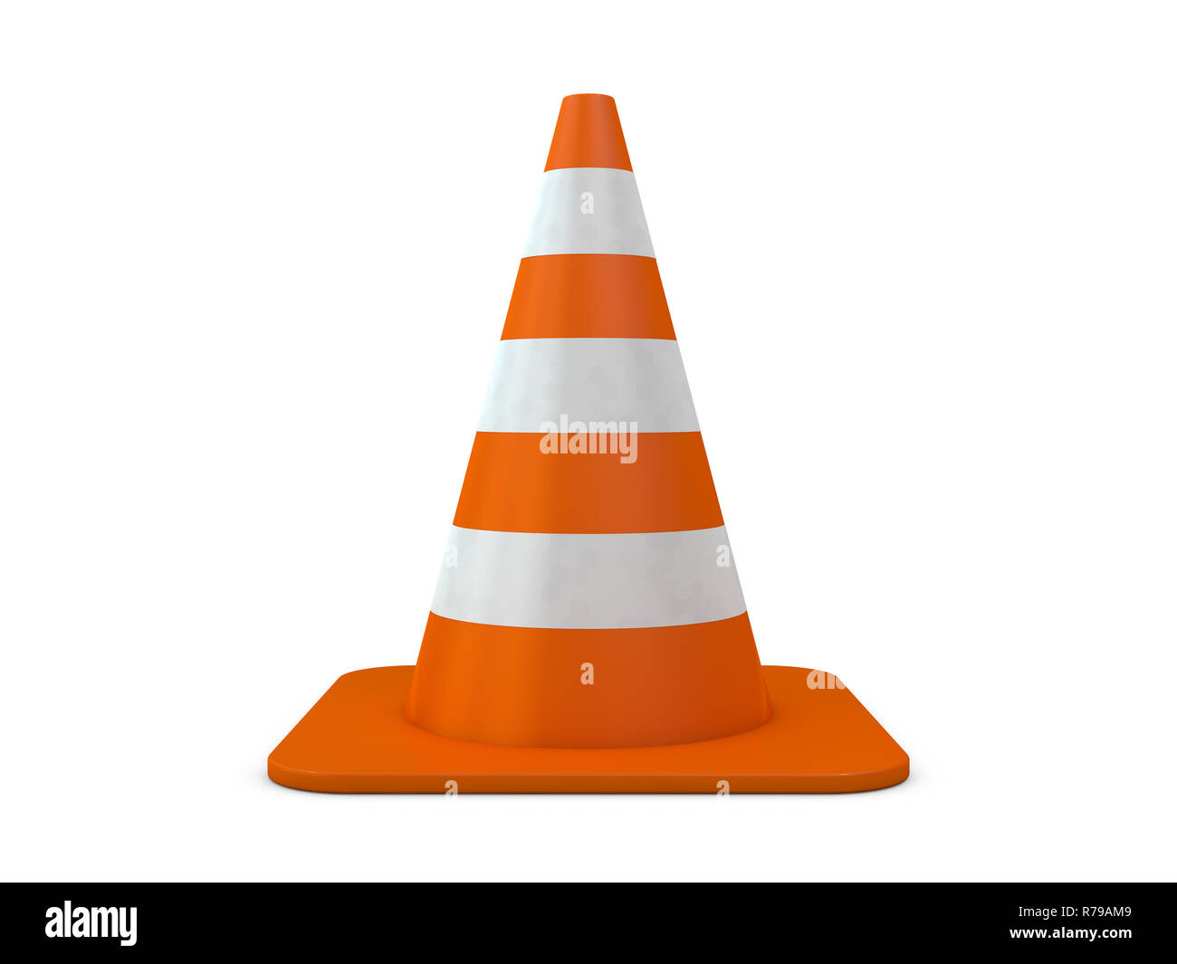 Orange Kunststoff Kegel mit reflektierenden Streifen auf weißem Hintergrund. 3D rendeing Stockfoto