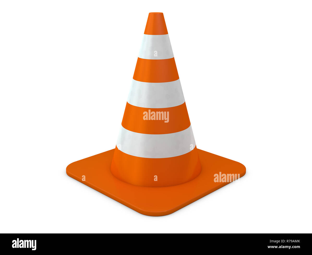 Orange Kunststoff Kegel mit reflektierenden Streifen auf weißem Hintergrund. 3D rendeing Stockfoto