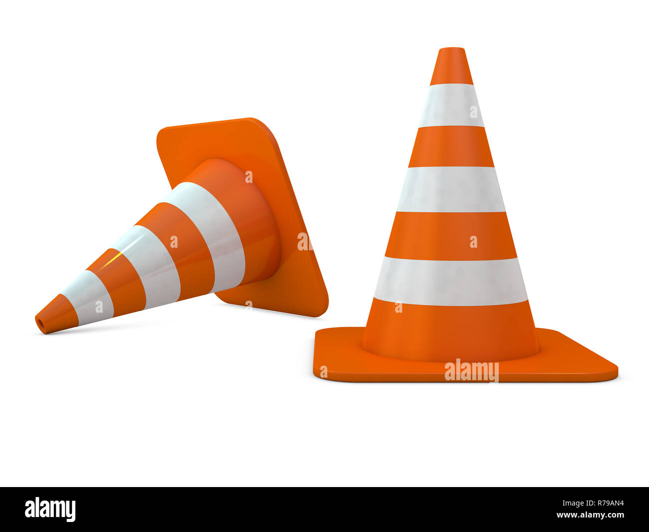 Orange Kunststoff Kegel mit reflektierenden Streifen auf weißem Hintergrund. 3D rendeing Stockfoto
