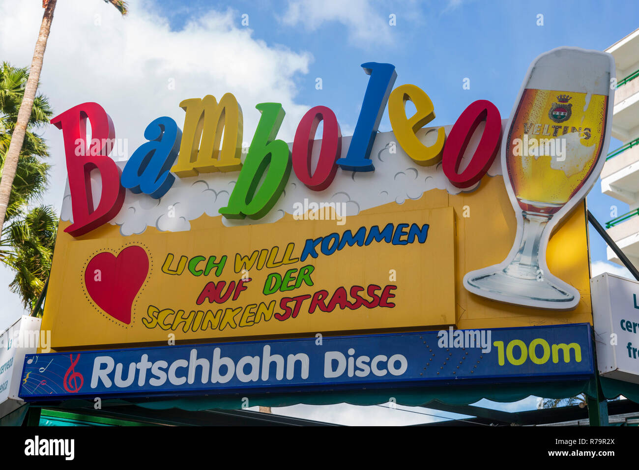 Bamboleo Diskothek in der schinkenstrasse der sogenannten Ballermann Gegend von Playa de Palma, Platja de Palma, Mallorca, Mallorca, Balearen, Spanien, Europa Stockfoto