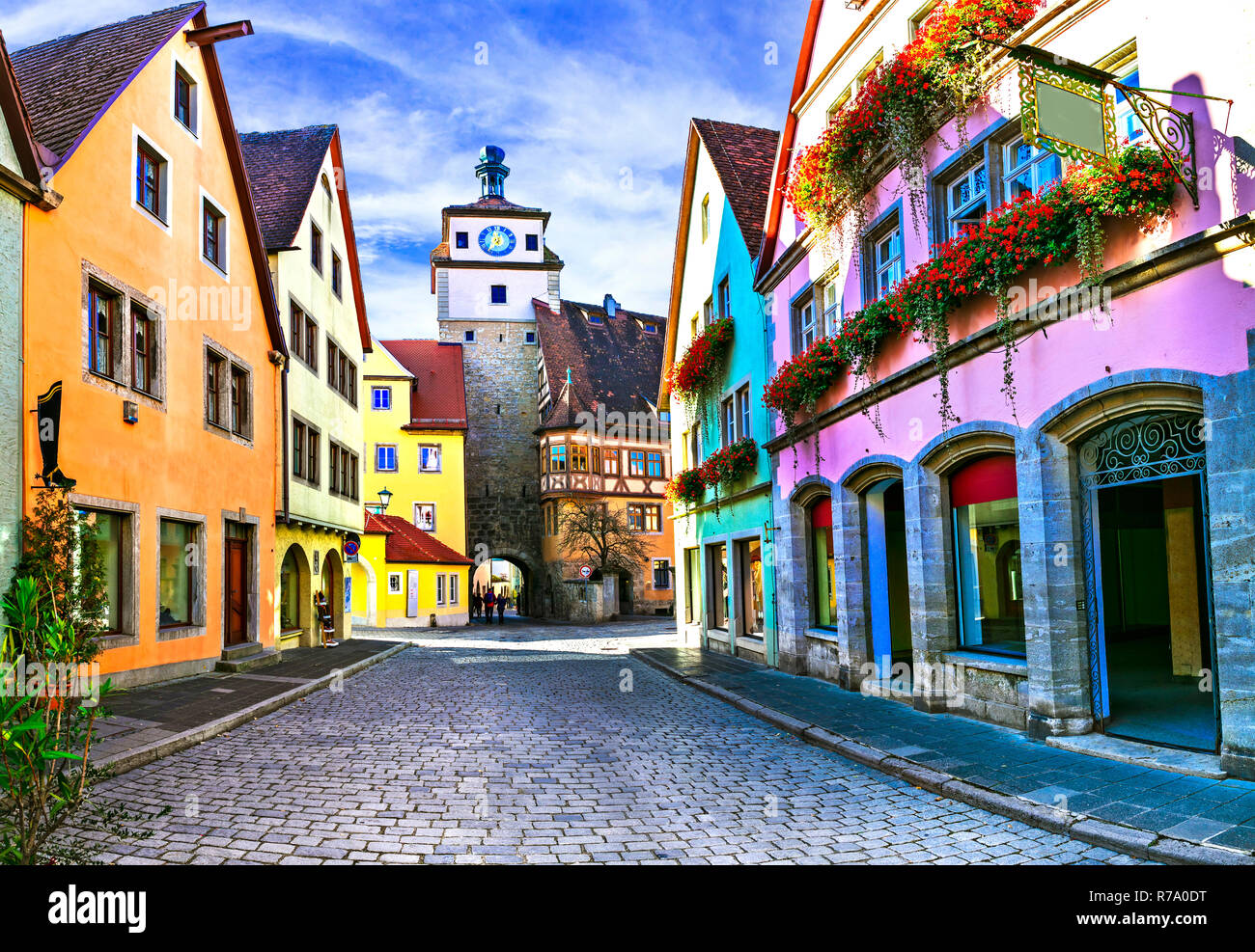 Traditionelle bunte Häuser in Rothenburg o.d. Tauber, Bayern, Deutschland. Stockfoto