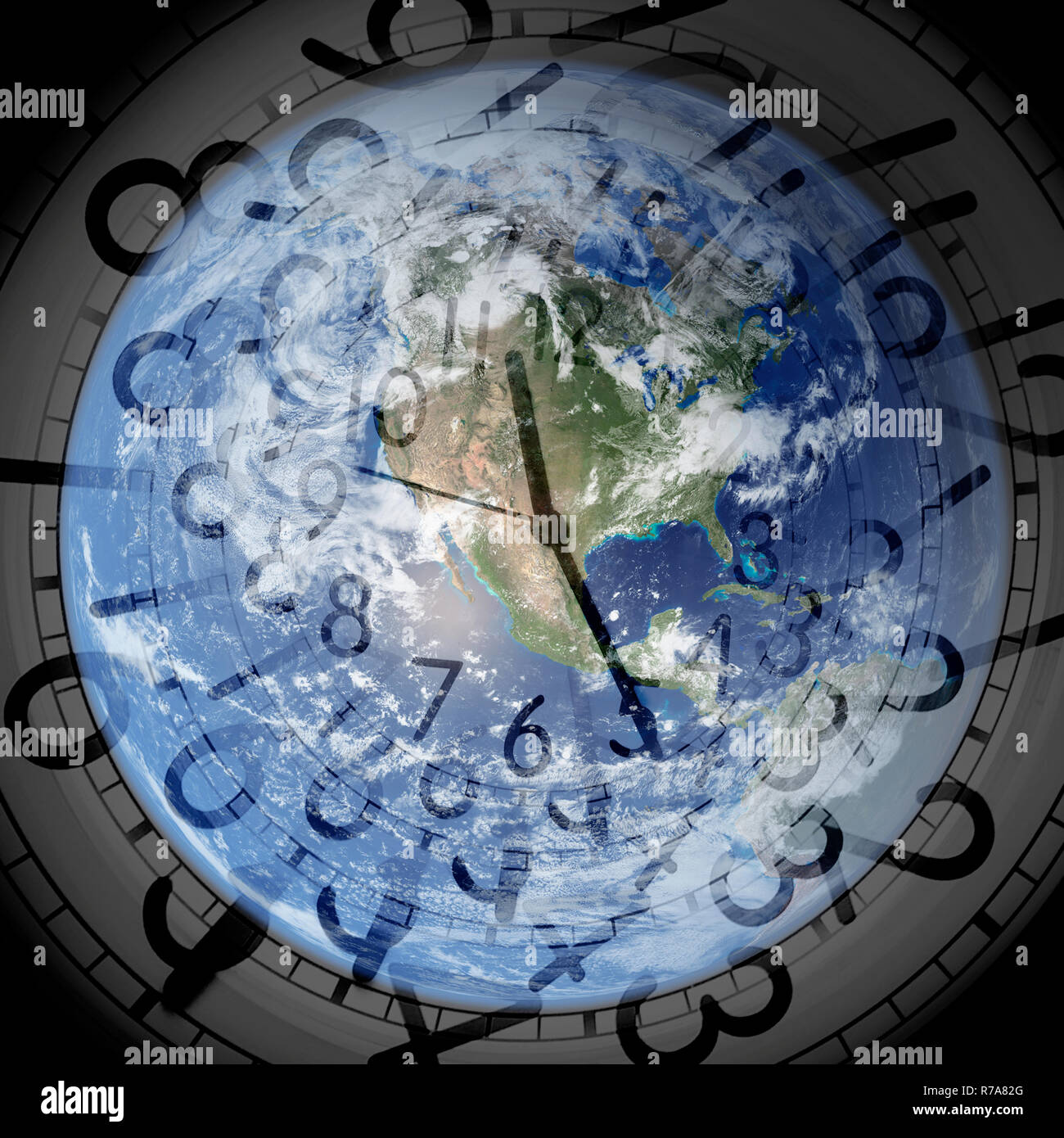 Weltkarte in einer Uhr Stockfoto