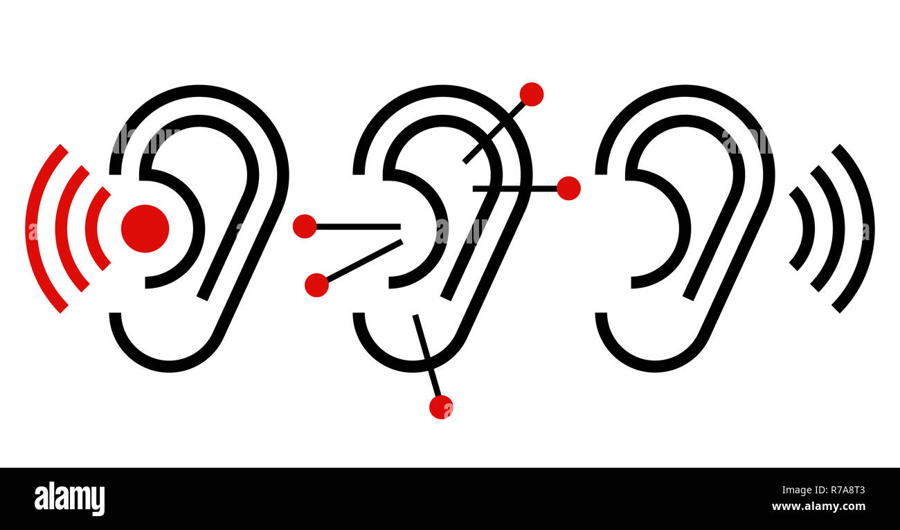 Ohr, Akupunktur und Hörgerät Symbol. Ohr Symbole auf weißem Hintergrund Stockfoto