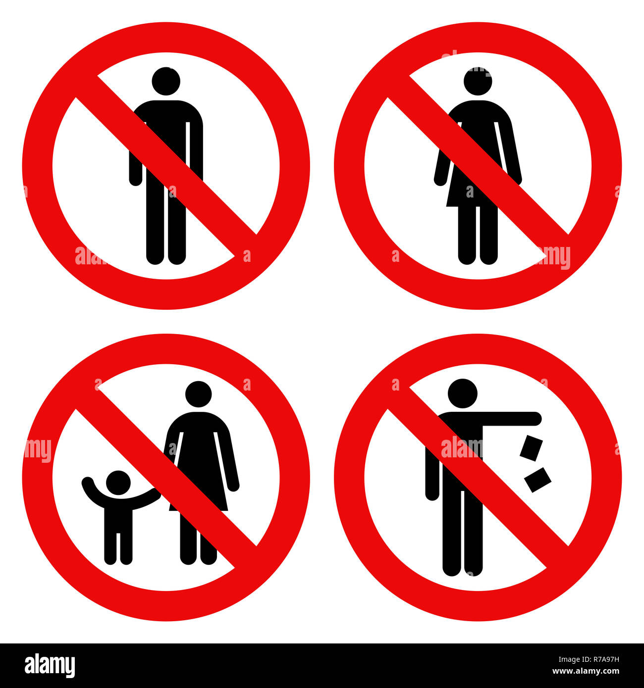 Kein Mann, keine Frau, Eltern und Kind Schild, kein littering unterzeichnen. Verbotene Zeichen auf weißem Hintergrund Stockfoto
