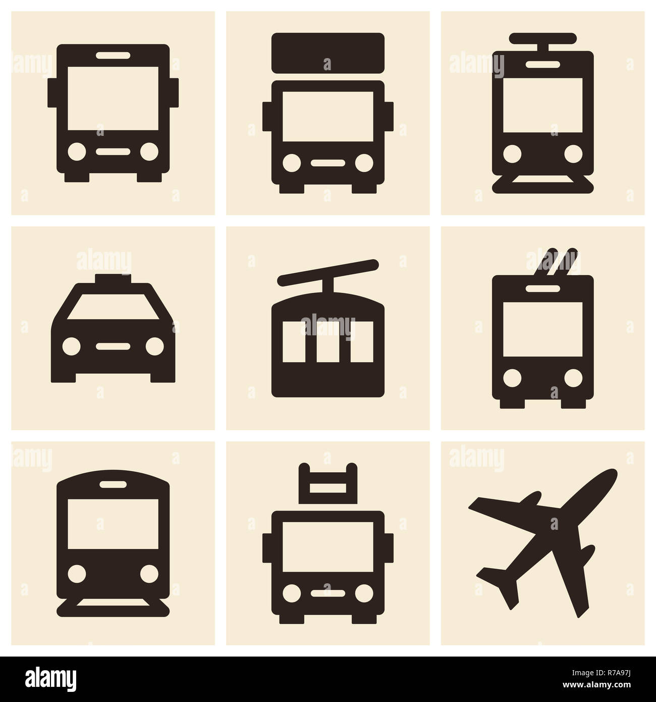 Öffentliche Verkehrsmittel - Bus, Lkw, Straßenbahn, Taxi, Seilbahn, Bus, Bahn, Lkw und Flugzeug Stockfoto