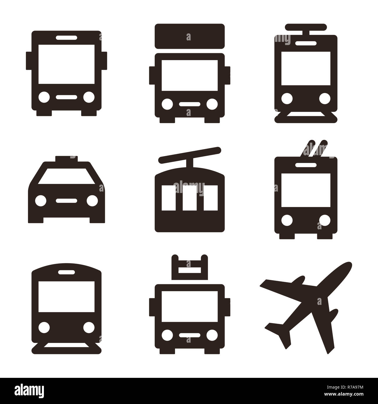 Öffentliche Verkehrsmittel - Bus, Lkw, Straßenbahn, Taxi, Seilbahn, Bus, Bahn, Lkw und Flugzeug Stockfoto