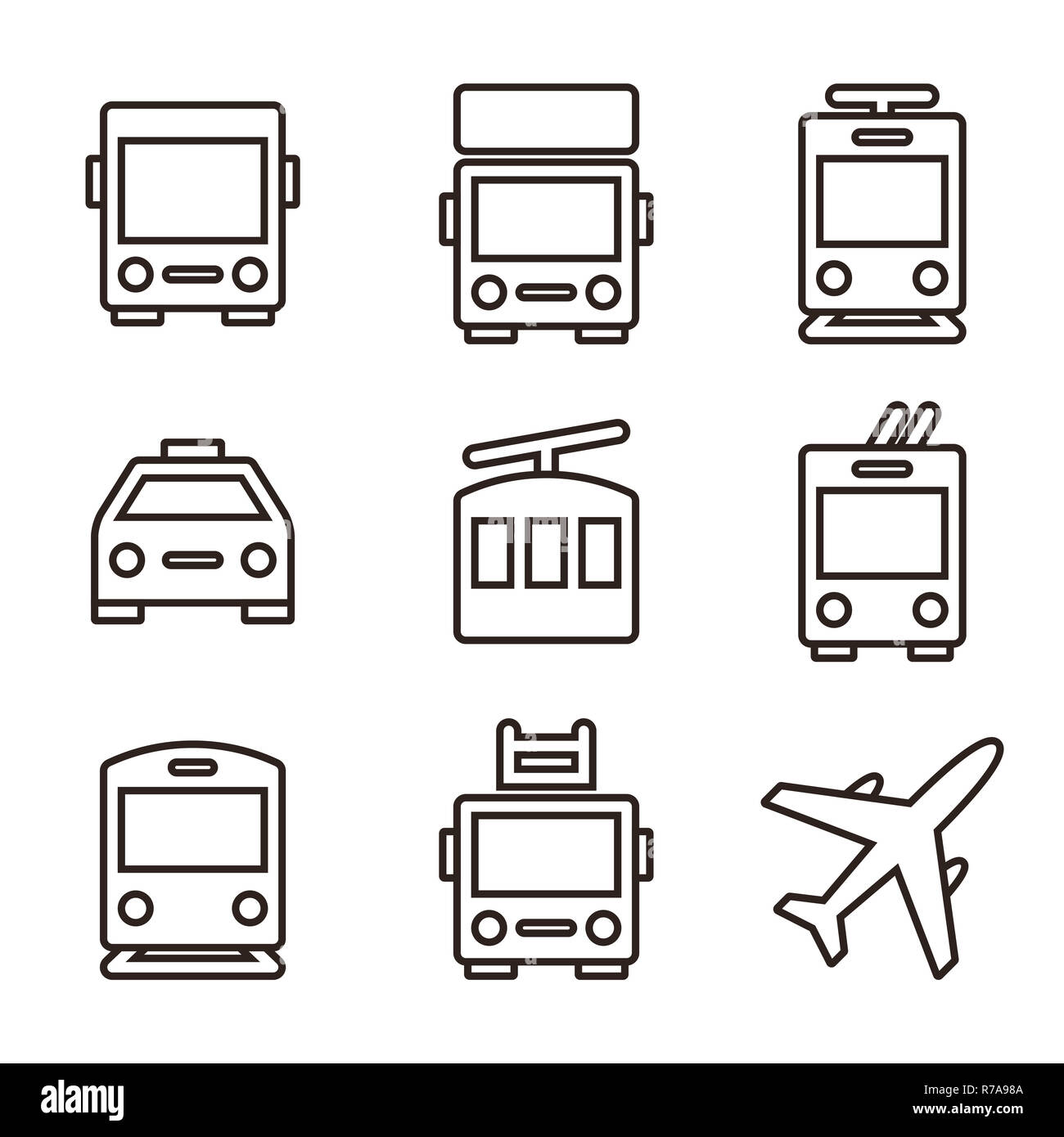 Öffentliche Verkehrsmittel - Bus, Lkw, Straßenbahn, Taxi, Seilbahn, Bus, Bahn, Lkw und Flugzeug Stockfoto