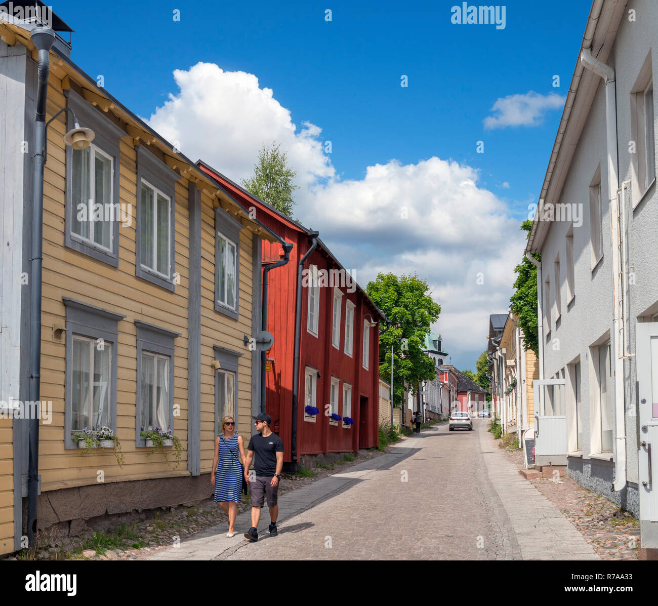 Blick hinunter Kirkkokatui in der Altstadt, Porvoo, Finnland Stockfoto