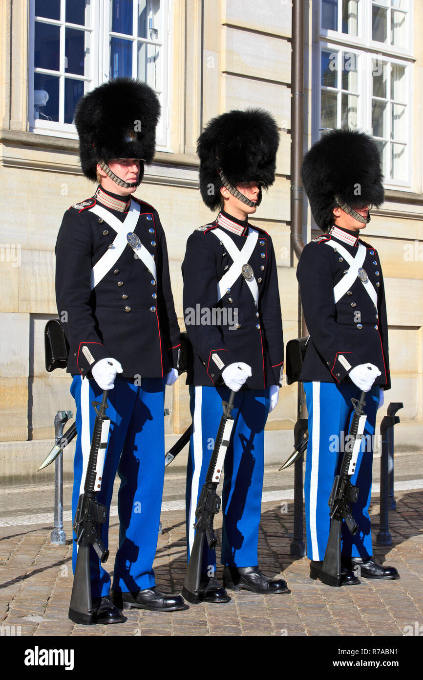 Die Royal Life Guards der dänischen Monarchie mit bärenfellmütze Kappen an Aufmerksamkeit auf Schloss Amalienborg in Kopenhagen, Dänemark. Stockfoto