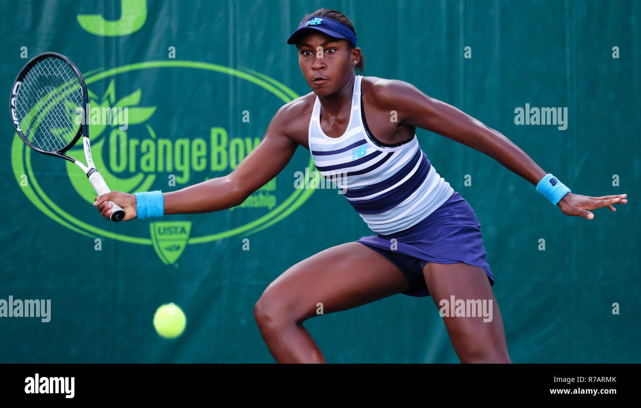 Plantation, Florida, USA. 08 Dez, 2018. Cori Gauff, aus den USA, spielt in der GS 18 Halbfinale des 2018 Orange Bowl Junior International Tennis Meisterschaften gespielt an der Frank Veltri Tennis Center in Plantation, Florida, USA. Mario Houben/CSM/Alamy leben Nachrichten Stockfoto