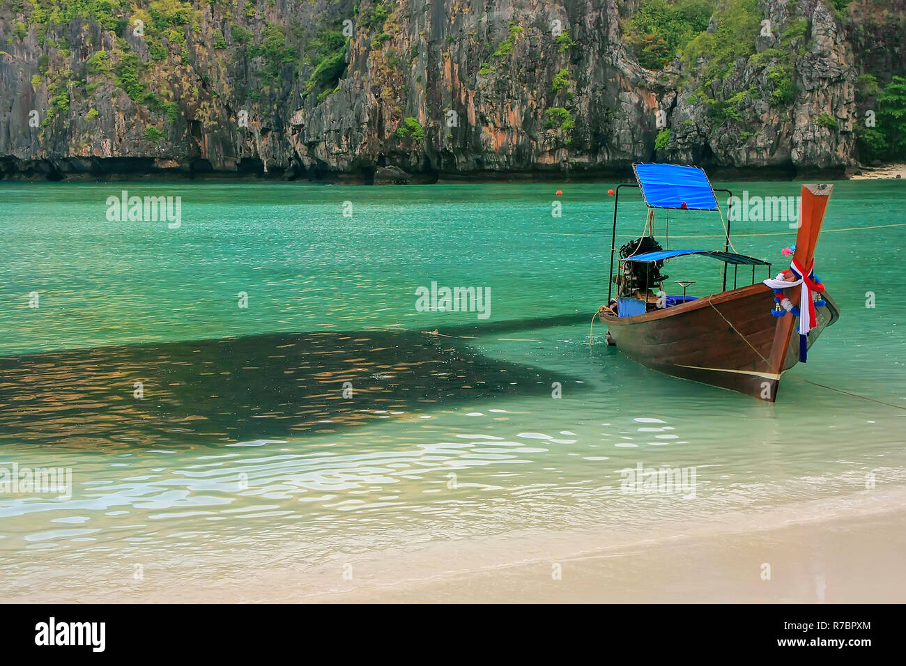 Longtail Boot im Maya Bay verankert neben Schule des Fisches auf Phi Phi Leh Island, Krabi Thailand. Es ist Teil der Mu Ko Phi Phi Nationalpark. Stockfoto