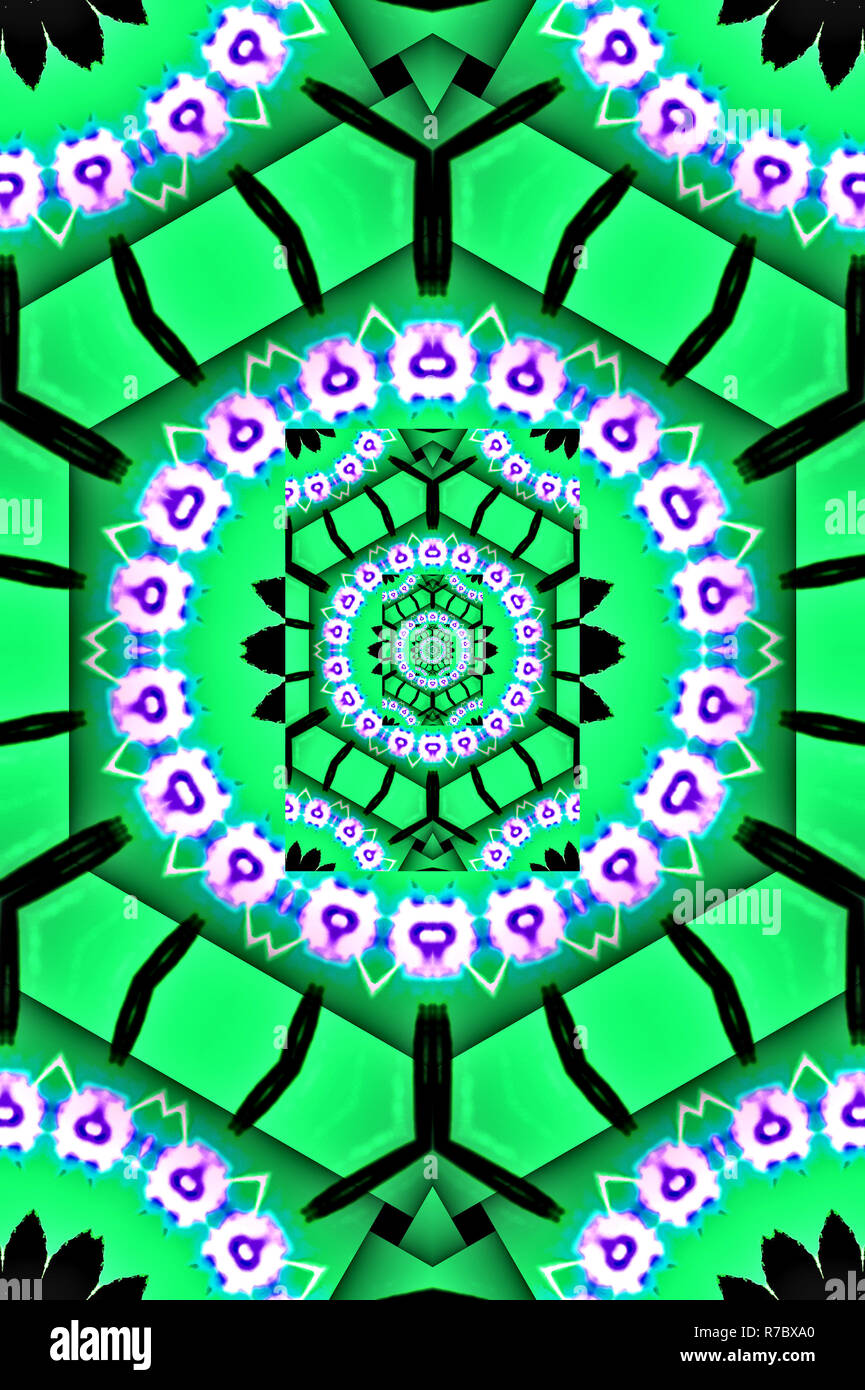 Eine komplizierte pastellfarbene Art Deco und Jugendstil Kaleidoskop Bild, bringt schwarz Lakritz und Limes. Stockfoto