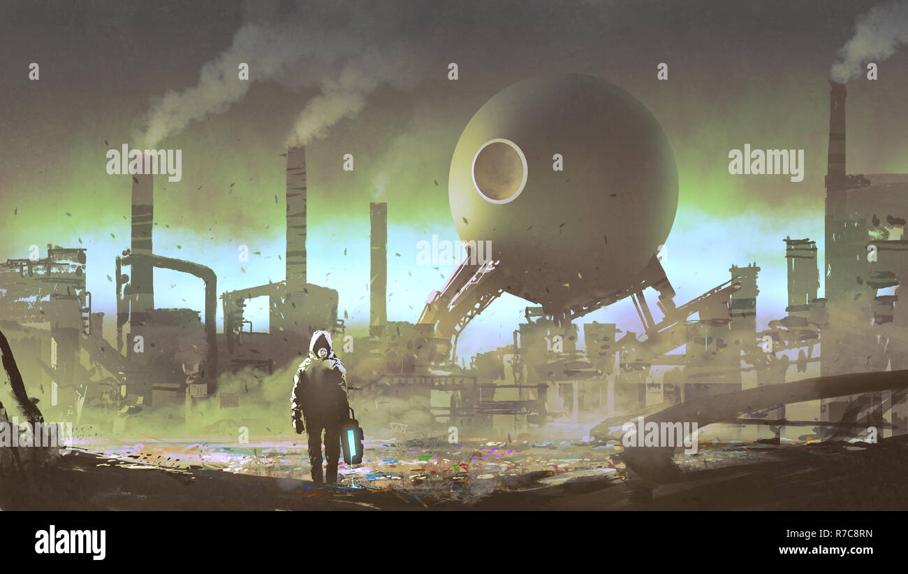 Mann mit Schutzanzug in einem industriellen Fabrik mit giftigen Gas gefüllt, digital art Stil, Illustration Malerei Stockfoto