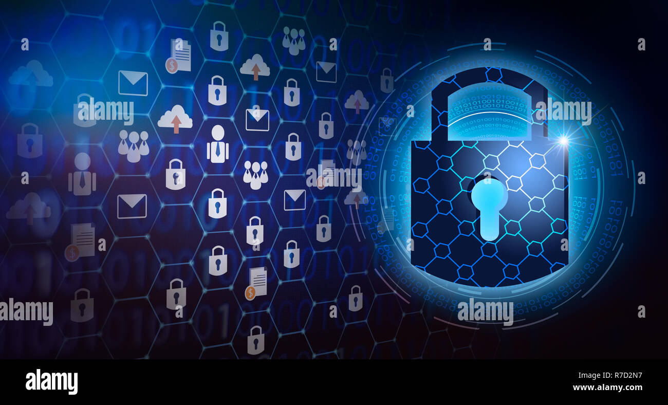 Key Lock Security System abstract Technology World Digital link Cyber Security auf Hi-tech dunkelblauen Hintergrund Stockfoto