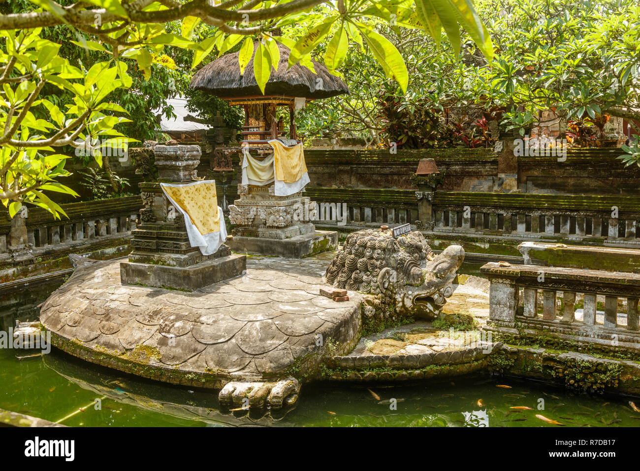 Stein Statue Schildkröte Bedawang Nala mit Altar auf seinen zurück in den Teich im balinesischen Hindu Tempel Pura Puseh Desa Batuan, Gianyar, Bali, Indonesien Stockfoto