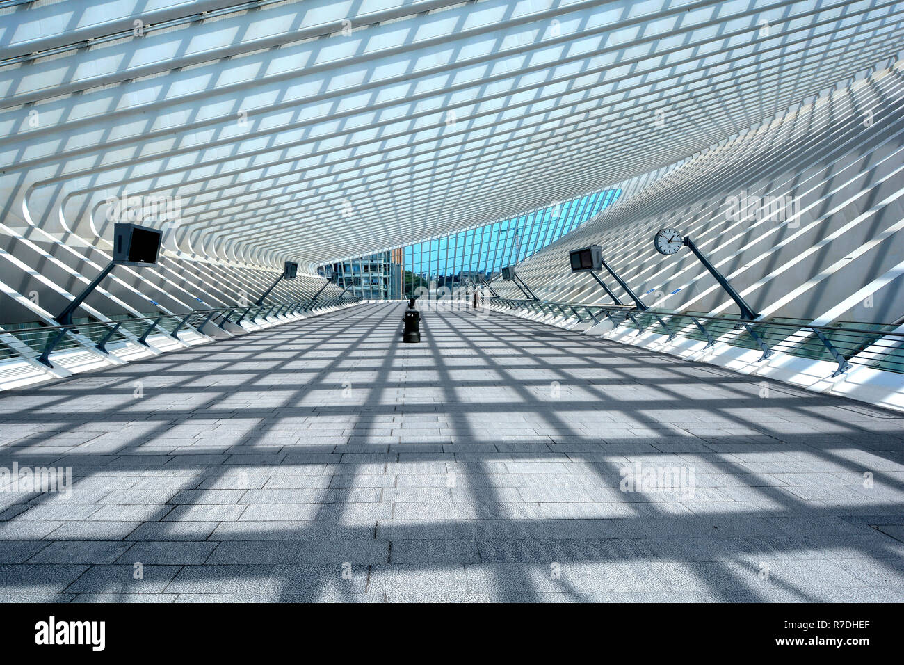 Wallonien symmetrische Schattenmuster Sonnenschein moderne Architektur Glas dach Struktur & design öffentliche Verkehrsmittel Bahnhof Gebäude Belgien Lüttich Stockfoto