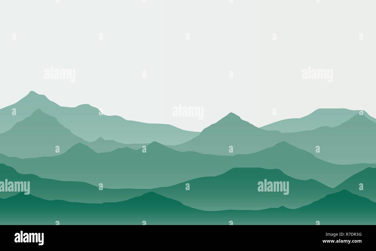 Realistische Darstellung der Berglandschaft mit Nebel unter grünen Himmel-Vektor Stock Vektor