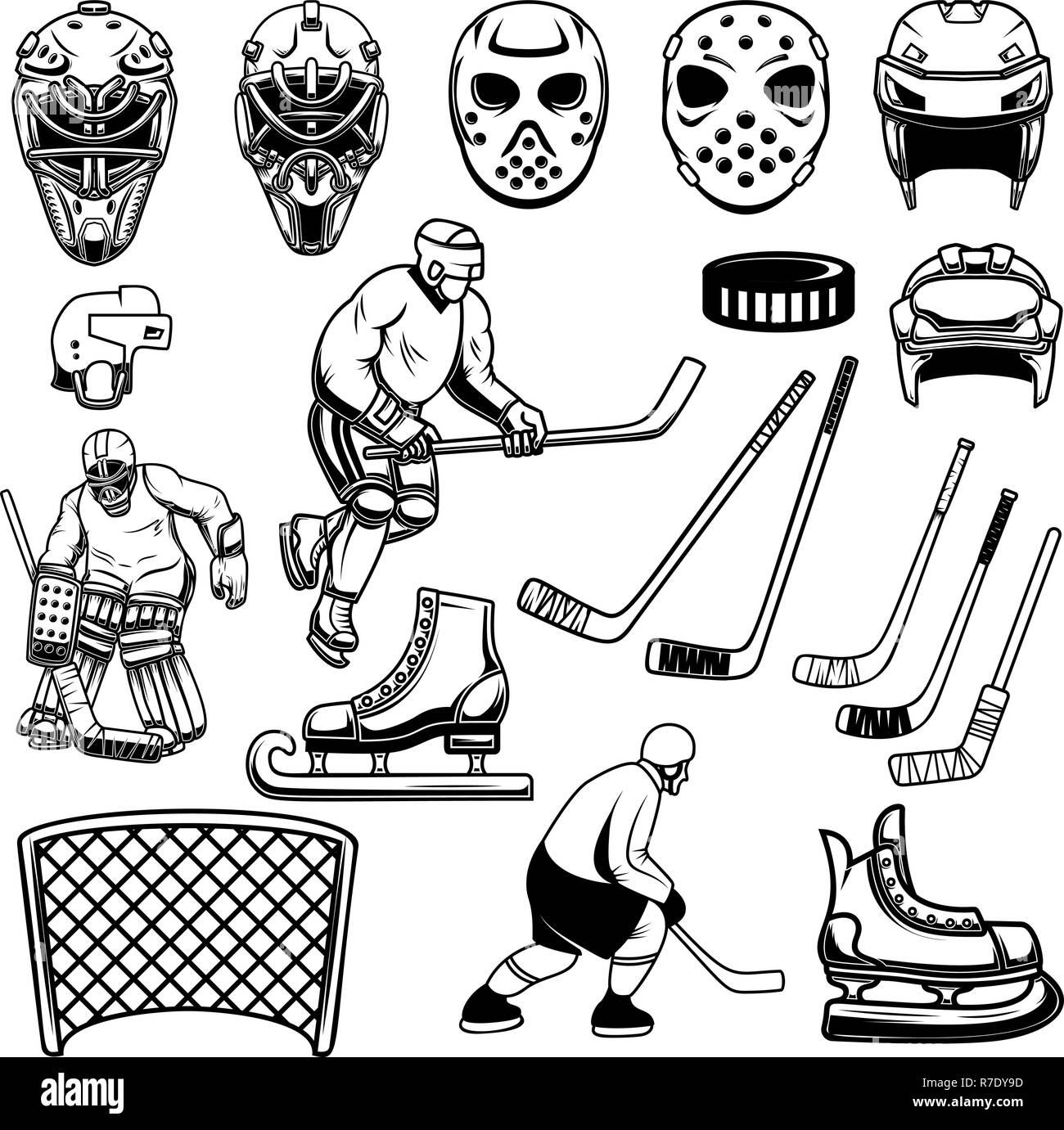 Satz von Hockey Design Elemente. Spieler, Torwart, Eishockeyschläger, Schlittschuhe. Für logo, Label, Emblem, sign. Vector Illustration Stock Vektor