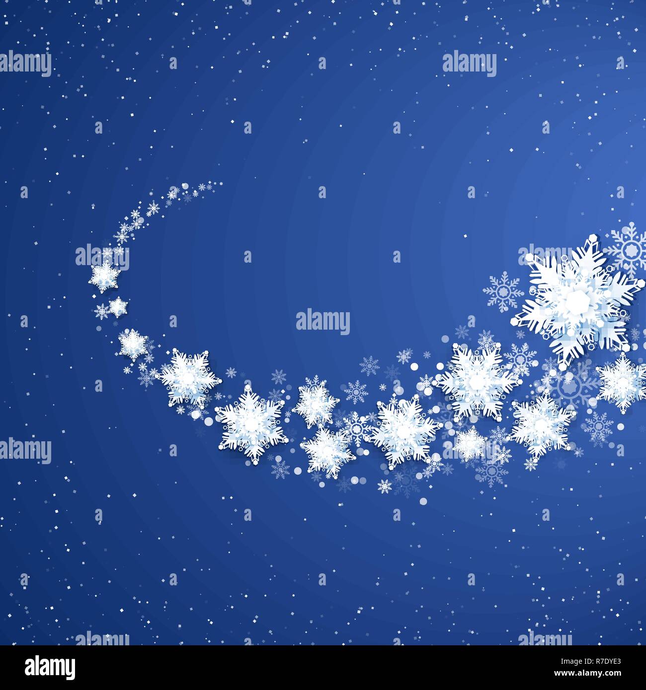 Weiß Snowflekes Trail. Auf blauem Hintergrund Schneefall. Schneesturm Muster. Vector Illustration Stock Vektor