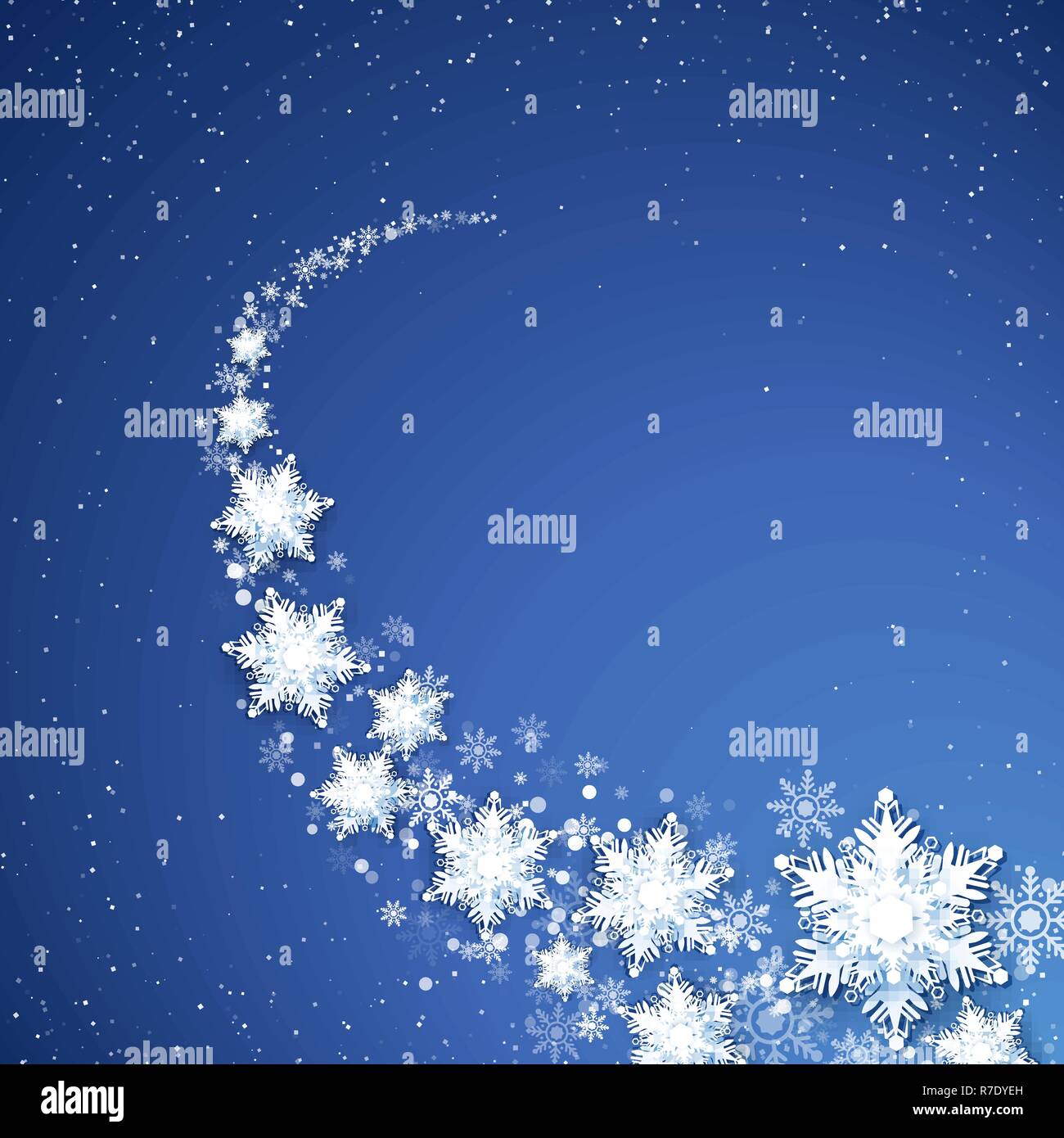 Snowflekes Trail. Auf blauem Hintergrund Schneefall. Schneeflocke glänzend Wirbel. Vector Illustration Stock Vektor