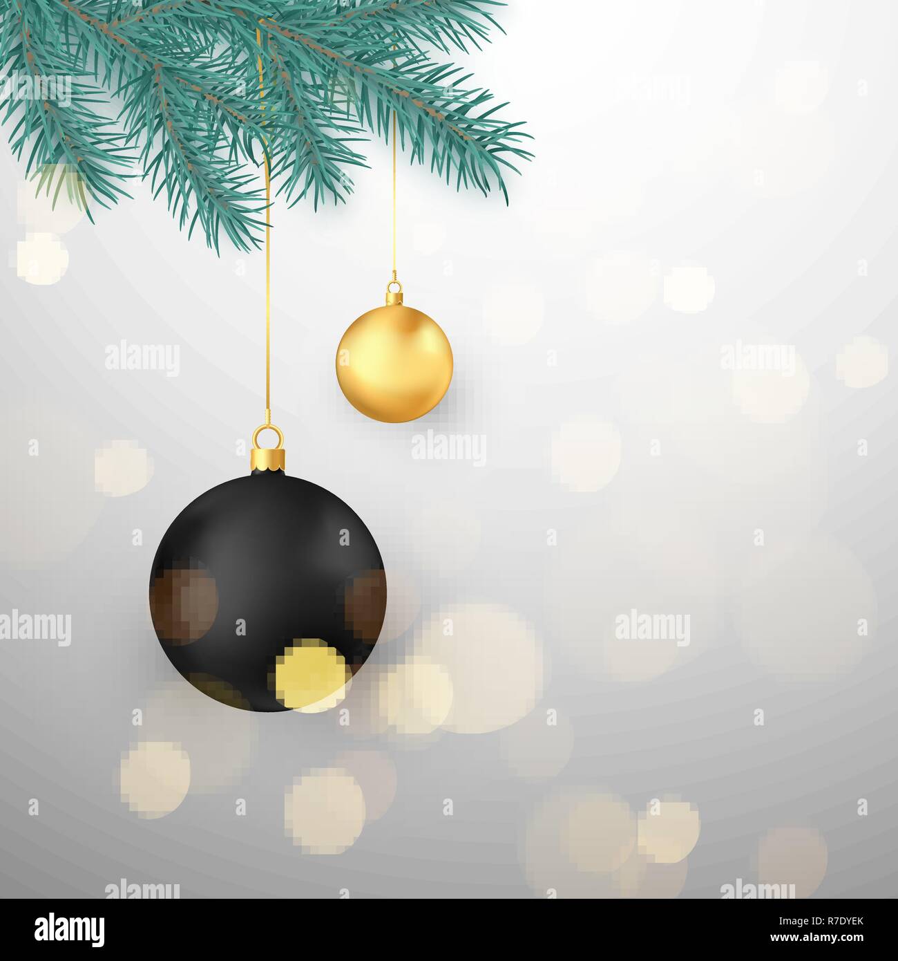 Schwarz und gold Weihnachtskugeln hängen an Tanne Zweig. Winter Urlaub Dekoration Element. Vector Illustration Stock Vektor