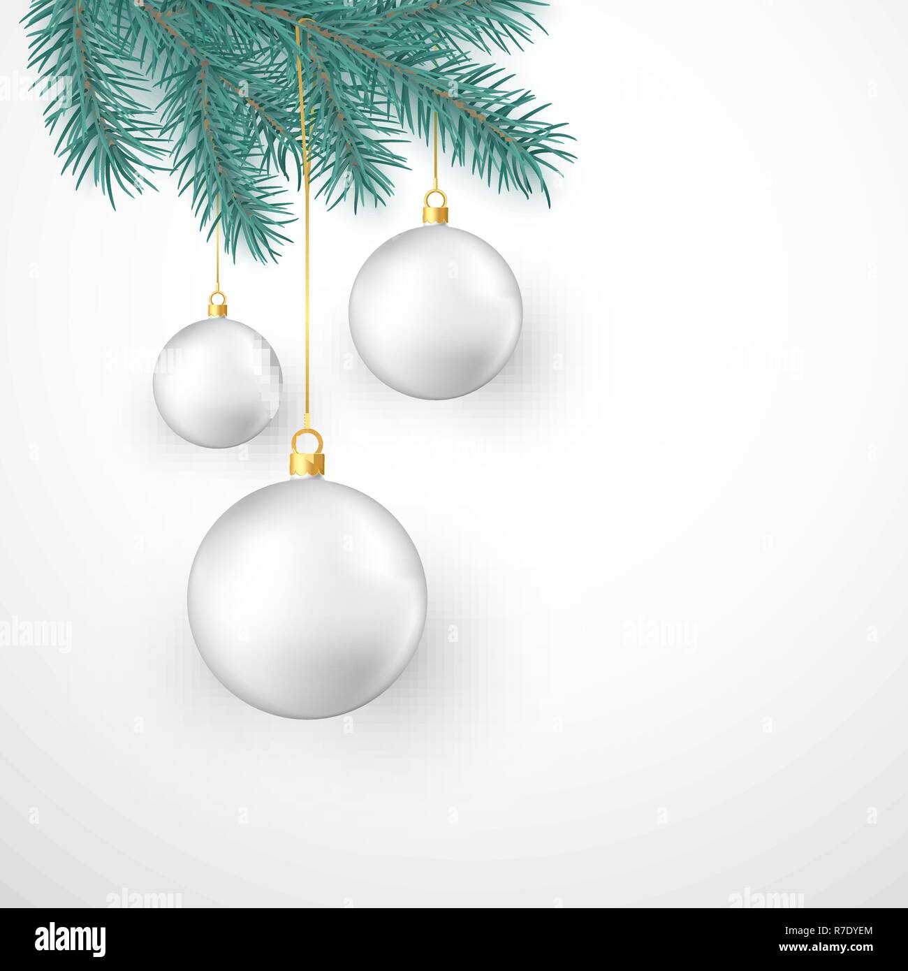 Weiße Weihnachten Kugeln hängen an Tanne Zweig. Winter Urlaub Dekoration Element. Vector Illustration auf weißem Hintergrund Stock Vektor