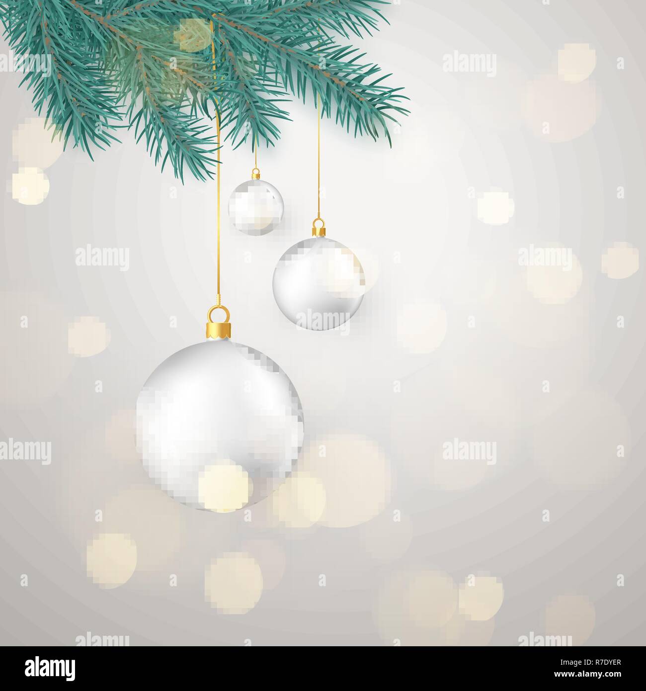 Weiße Weihnachten Kugeln hängen auf Neues Jahr Baumstrukturzweig. Winter Urlaub Dekoration Element. Vector Illustration auf weißem Hintergrund Stock Vektor