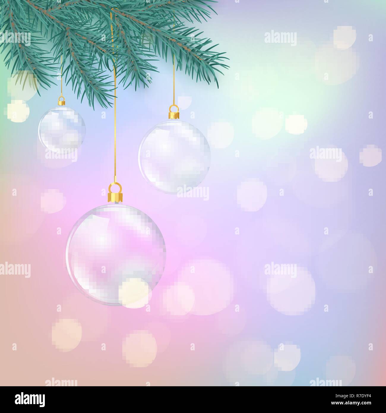 Glas Weihnachtskugeln hängen an Tanne Zweig. Magic Christmas bunten Hintergrund. Winter Urlaub Dekoration Element. Vector Illustration Stock Vektor