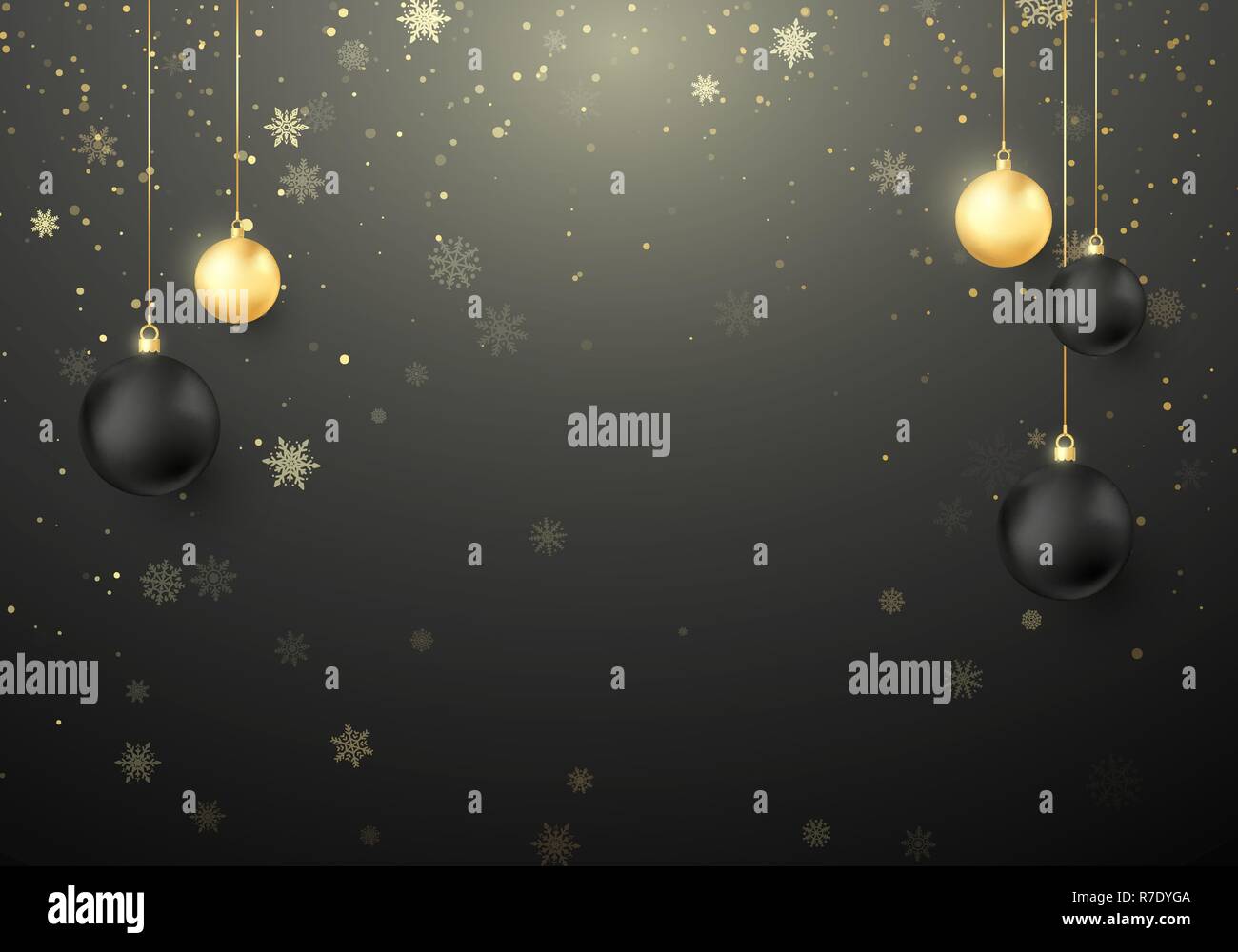 Glänzend Weihnachten Hintergrund. Schneeflocken und funkelt mit goldenen und schwarzen Weihnachtskugeln Dekoration. Vector Illustration Stock Vektor
