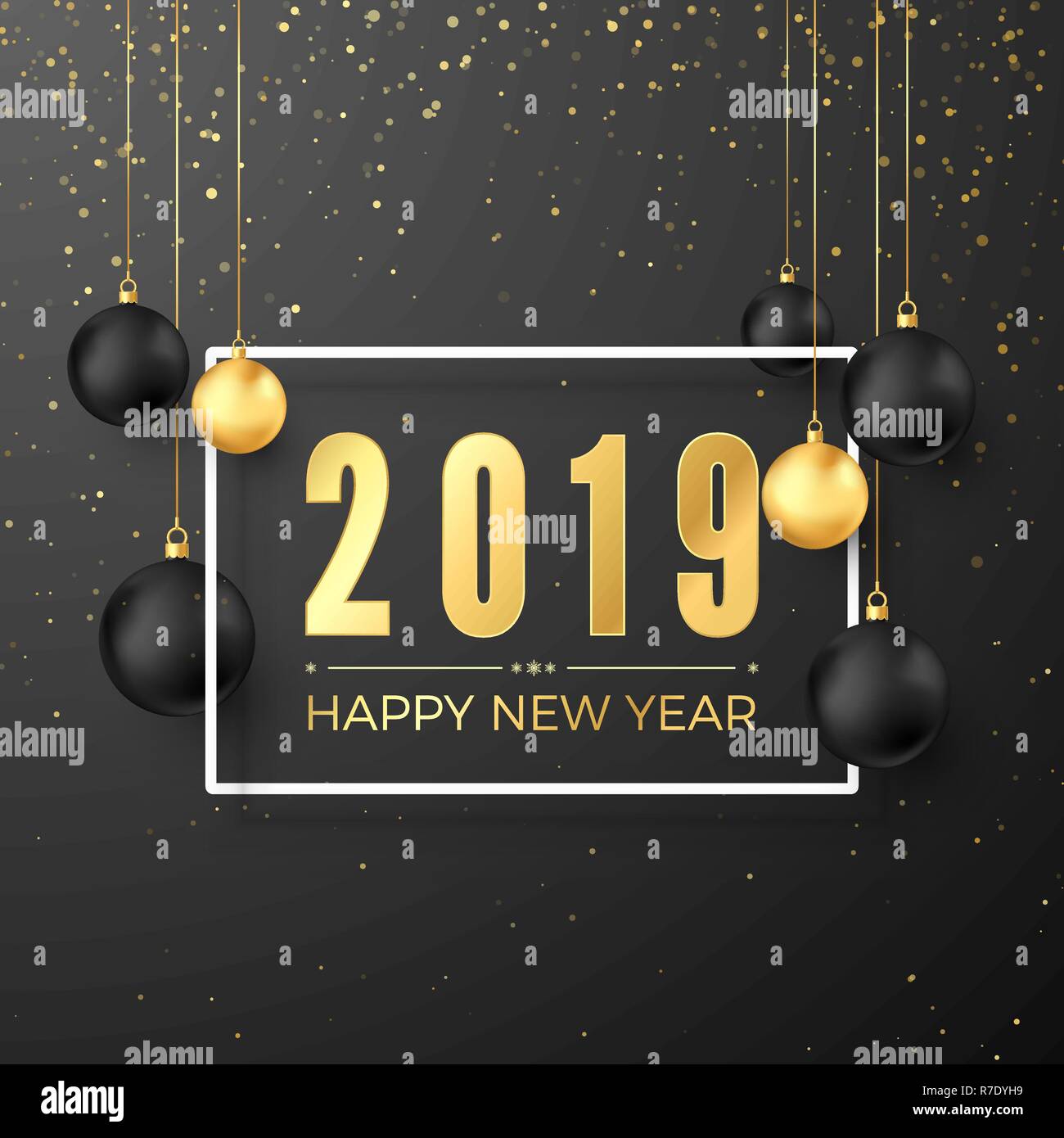 Gruß goldenen Zahlen 2019 und Text Frohes Neues Jahr auf dunklem Hintergrund in weißen Rahmen. Schwarze und goldene hängenden Weihnachtskugeln. Vector Illustration Stock Vektor