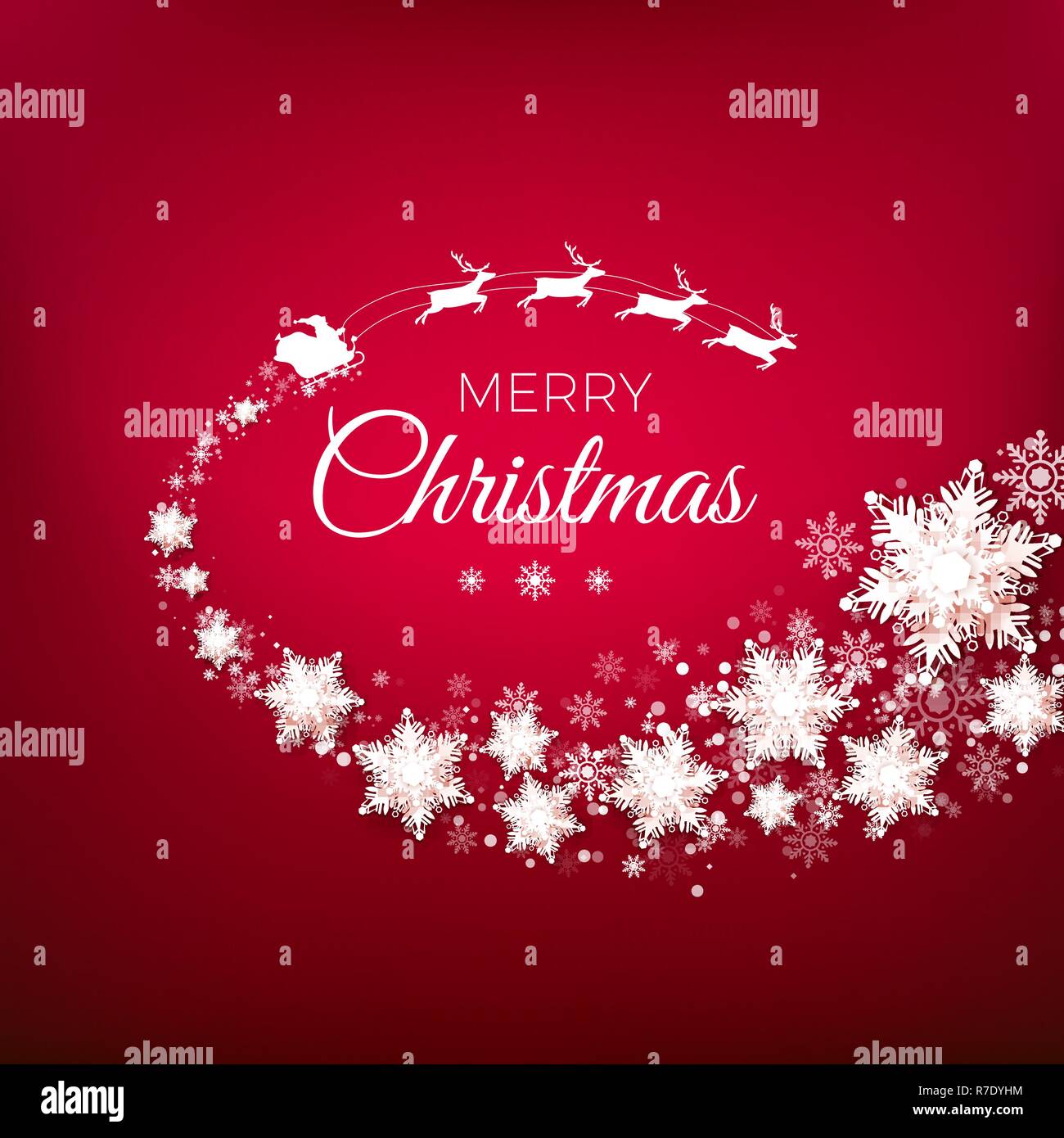 Weiße Silhouette der fliegende Weihnachtsmann mit Rentier Schlitten dekoriert von snowflekes Trail und Begrüßungstext. Vector Illustration auf rot Hinterg isoliert Stock Vektor