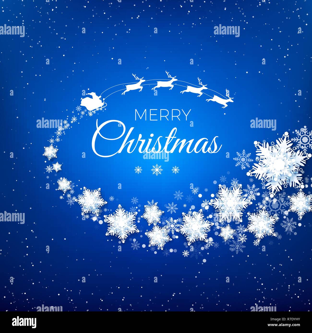 Weiße Silhouette der fliegende Weihnachtsmann mit Rentier Schlitten dekoriert von snowflekes Trail und Begrüßungstext. Auf blauem Hintergrund Schneefall. Vektor illus Stock Vektor