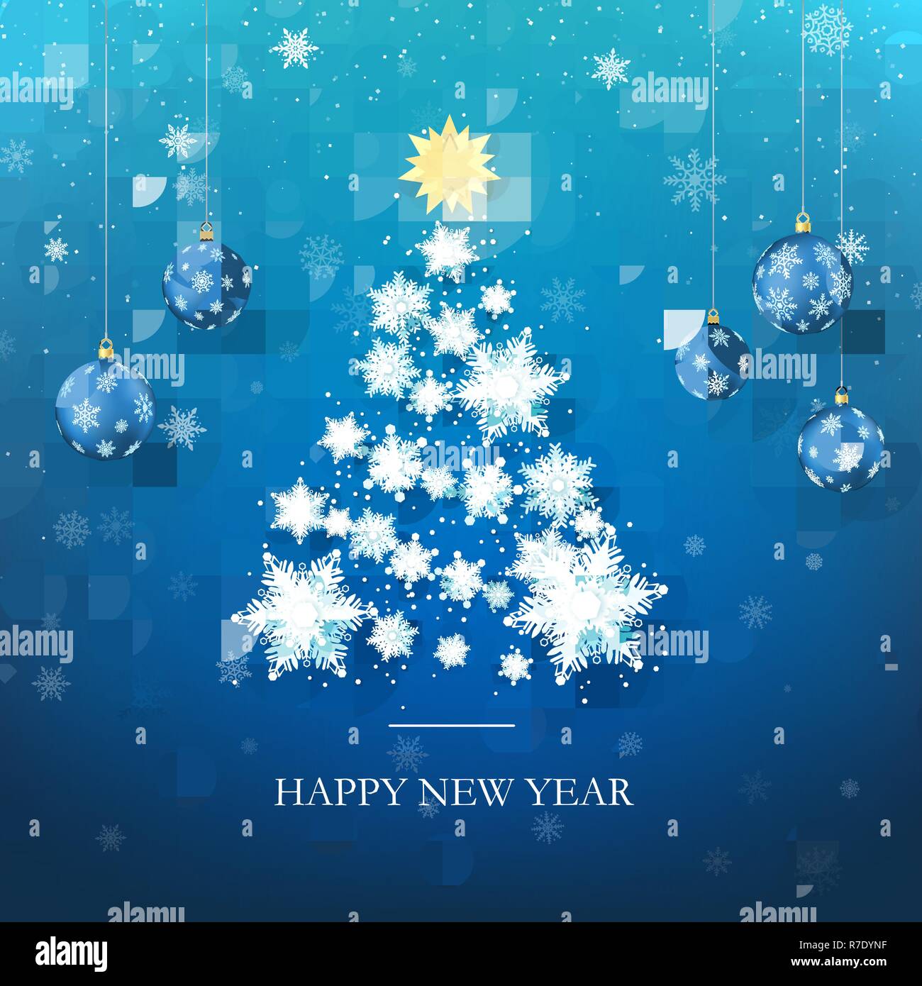 Frohes Neues Jahr Grußkarte in blauen Farben. Weihnachtsbaum Silhouette aus Papier Schneeflocken. Frohes Neues Jahr und Frohe Weihnachten. Abstrakte Urlaub Bac Stock Vektor
