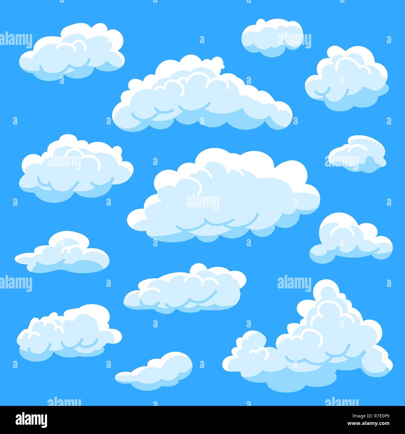 Set cartoon Wolken auf blauem Hintergrund, bewölkter Himmel Stock Vektor