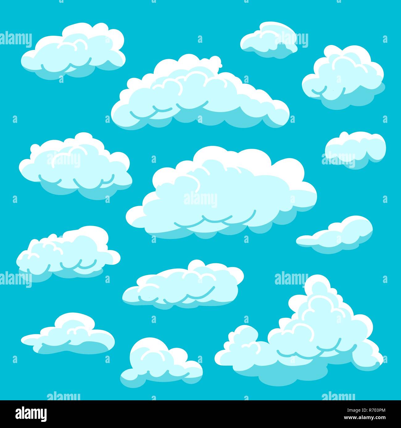 Set cartoon Wolken auf blauem Hintergrund, bewölkter Himmel Stock Vektor