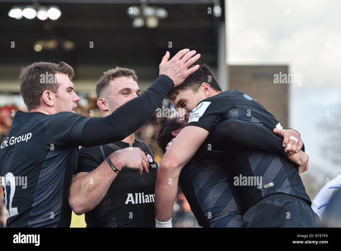 Sean Maitland der Sarazenen Kerben versuchen während der europäischen Champions Cup Match zwischen Sarazenen und Cardiff Blau bei der Allianz Park am Sonntag, 09. Dezember 2018. LONDON ENGLAND. (Nur redaktionelle Nutzung, eine Lizenz für die gewerbliche Nutzung erforderlich. Keine Verwendung in Wetten, Spiele oder einer einzelnen Verein/Liga/player Veröffentlichungen). Stockfoto