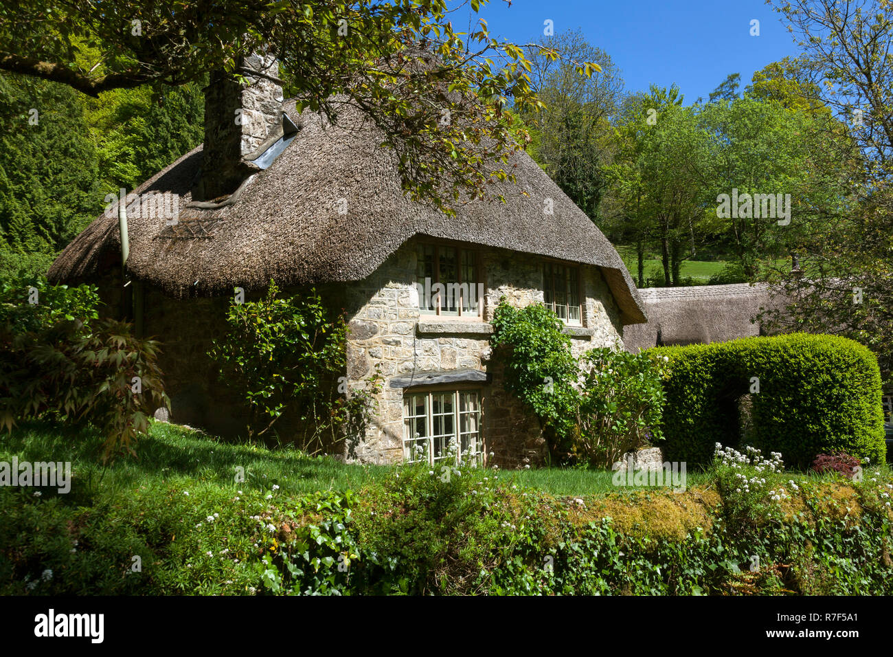 Typisches Haus in der Dartmoor, Buckland im Moor, den Dartmoor Nationalpark, Devon, England Stockfoto