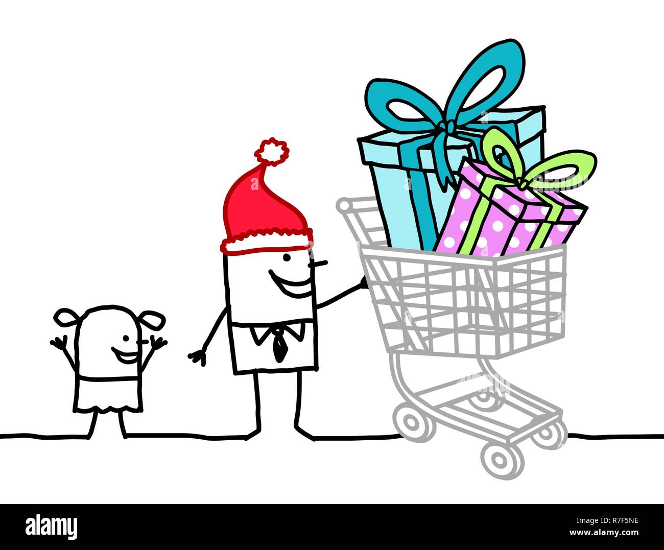 Hand gezeichnet Cartoon Santa Mann mit Kind und Warenkorb voller Geschenke Stock Vektor