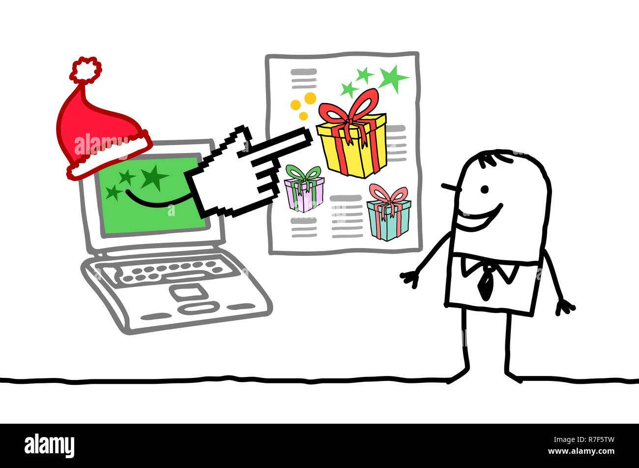 Hand gezeichnet Cartoon Mann mit Santa Laptop zeigen ein großes Geschenk Stock Vektor