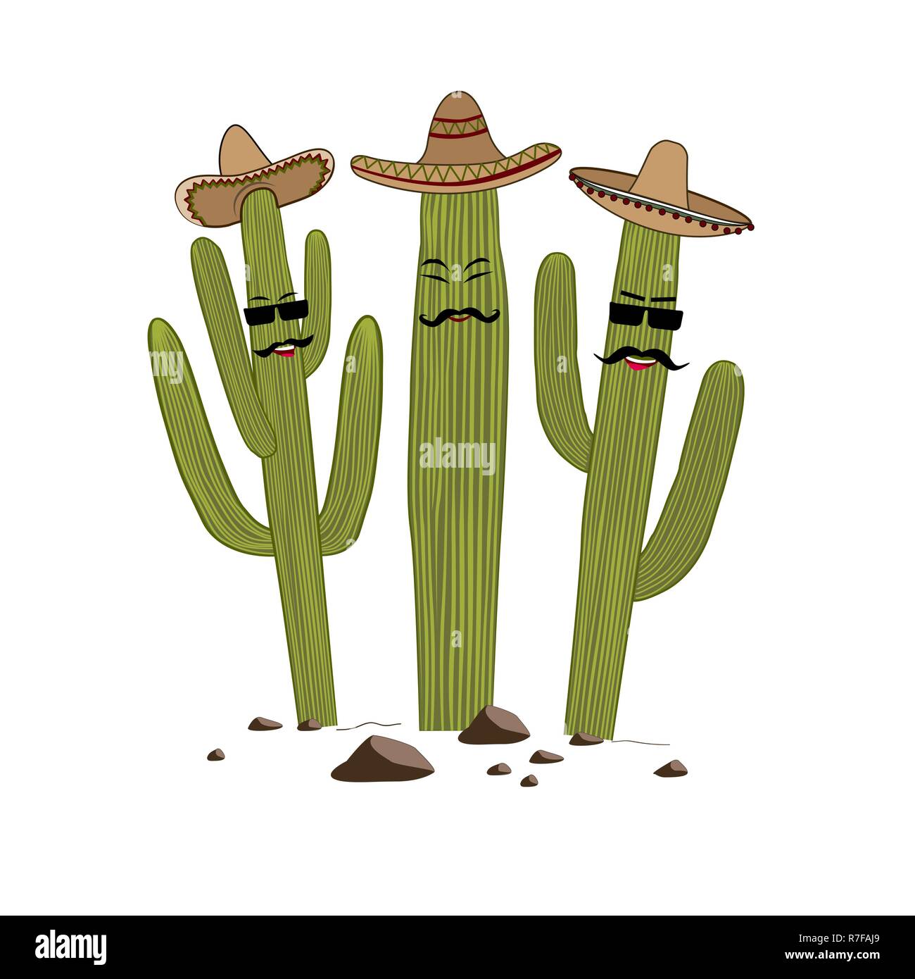 Drei niedlichen Cartoon Saguaro Kaktus in Sombrero. Freunde für immer Konzept. Vector Illustration. Stock Vektor