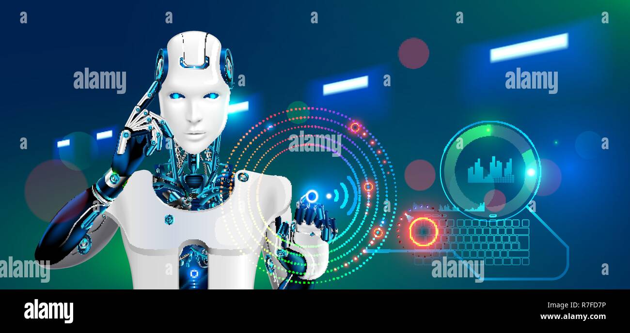 Roboter arbeitet in der Fabrik. Humanoider Cyborg oder Android mit Ai tippt auf die Schaltfläche auf der virtuellen HUD grafische Schnittstelle. Konzept der Automatisierung der Produktion Technologie in Zukunft. 4 Branche Revolution. Stock Vektor