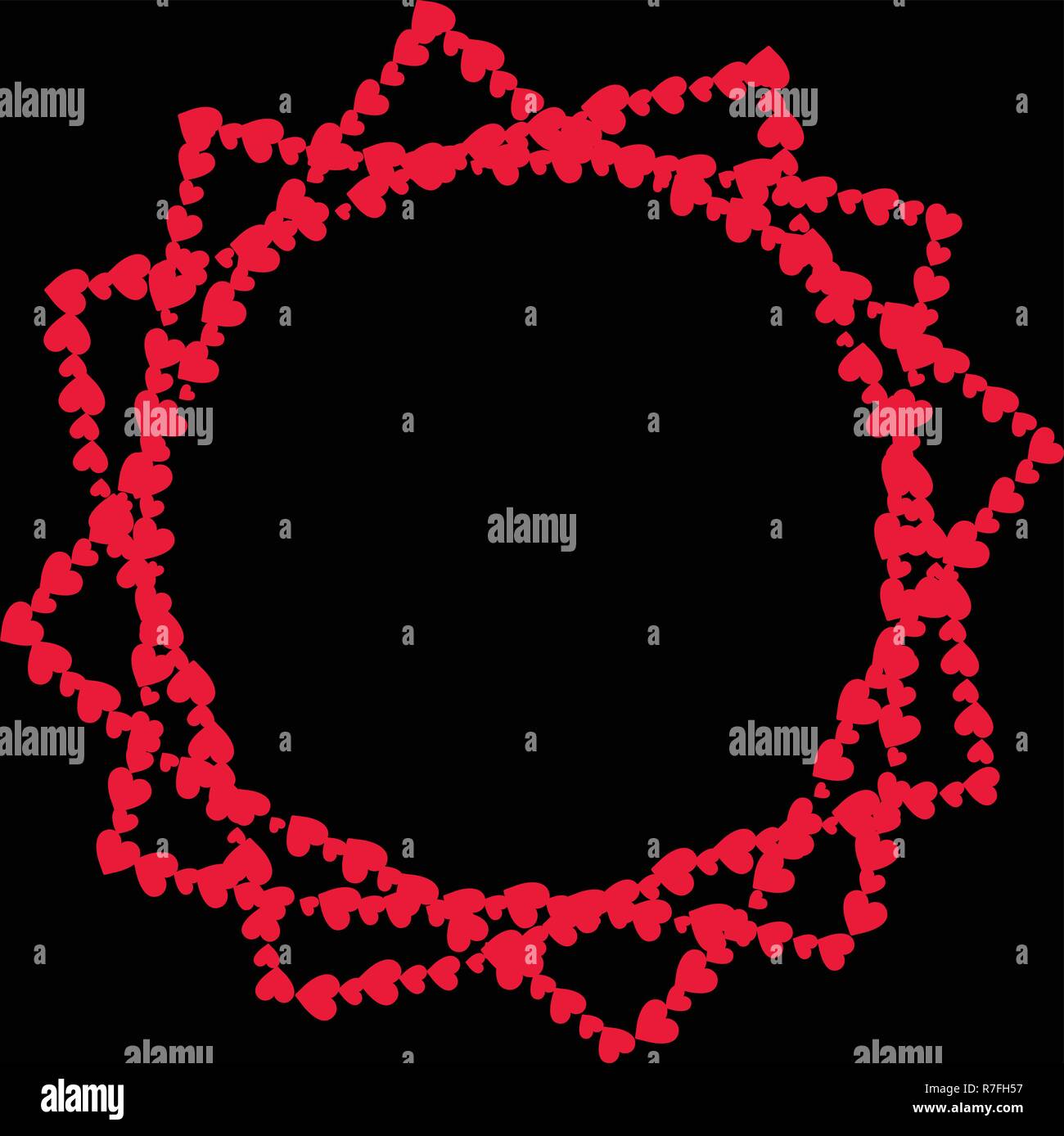 Sternförmige Rahmen mit zwölf Strahlen aus unterschiedlich großen roten cartoon Herzen auf schwarzen Hintergrund mit runden Kopie Raum in der Mitte getrennt. Vektor bor Stock Vektor