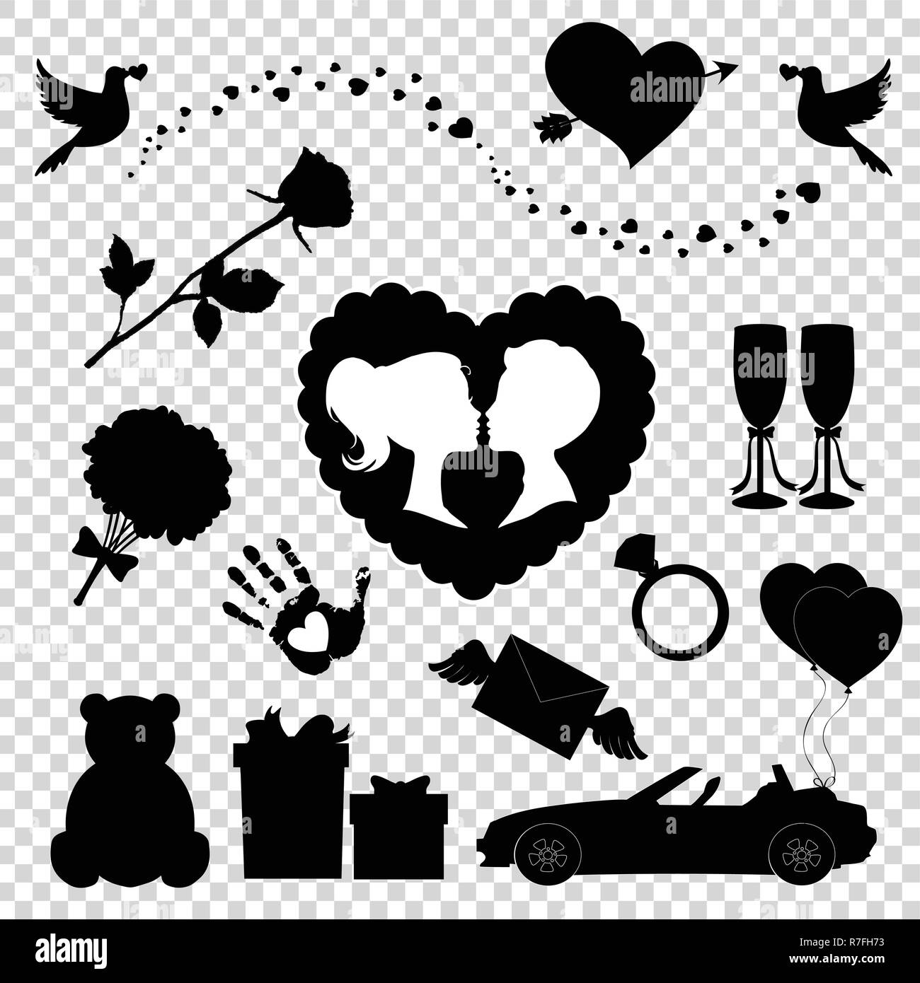 Vektor liebe Symbole 14 editierbare gefüllt Valentines silhouette Schilder. Teddybär, Herzen, Ballons, Pfeil Herz, Rose, Kuss Paar, gerade geheiratet Stock Vektor