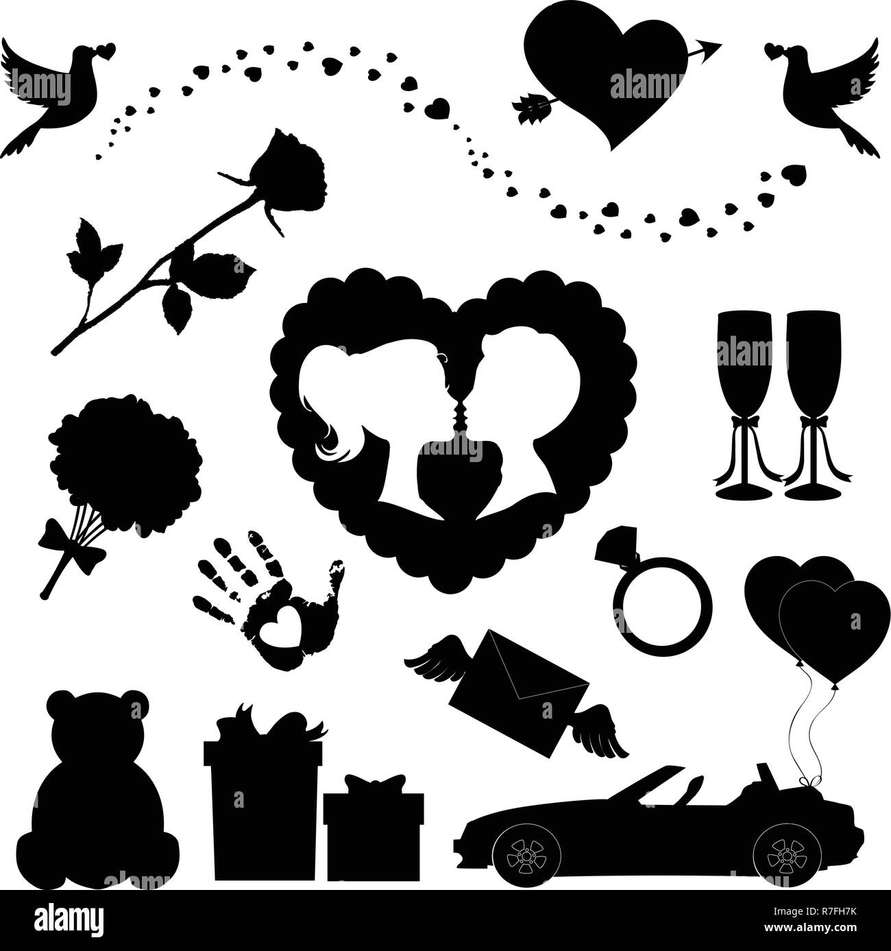 Vektor liebe Symbole 14 editierbare gefüllt Valentine silhouette Schilder. Teddybär, Herzen, Ballons, Pfeil Herz, Rose, Kuss Paar, gerade geheiratet c Stock Vektor