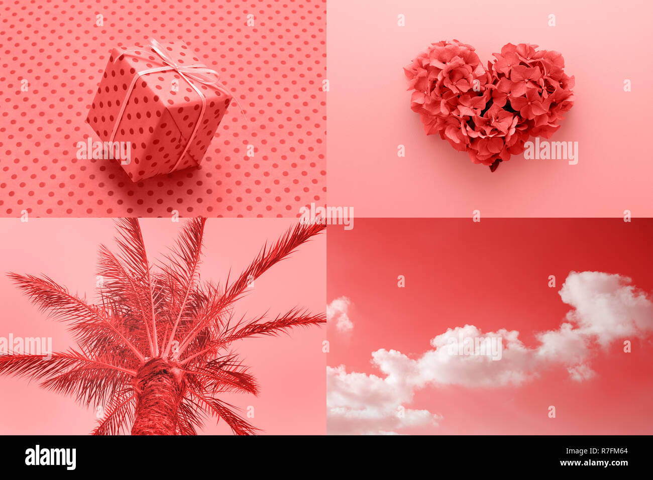 Romantische kreative Collage von lebende Koralle Farbe für das Jahr 2019 angespornt. Valentinstag, Mode minimal. Stockfoto