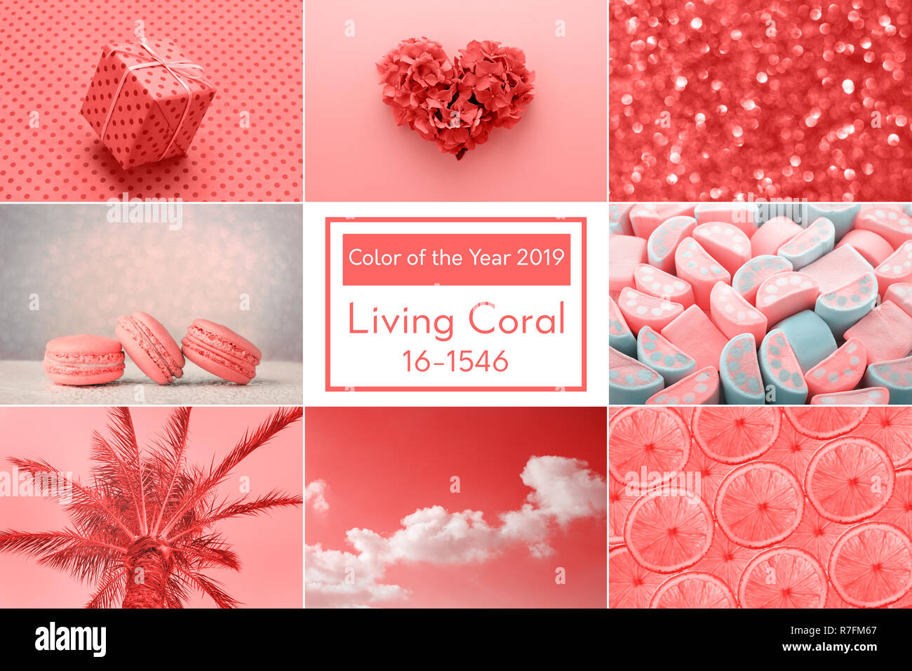 Trendy kreative Collage von lebende Koralle Farbe für das Jahr 2019 angespornt. Liebe Herz, süß, Geschenk, Mode. Stockfoto