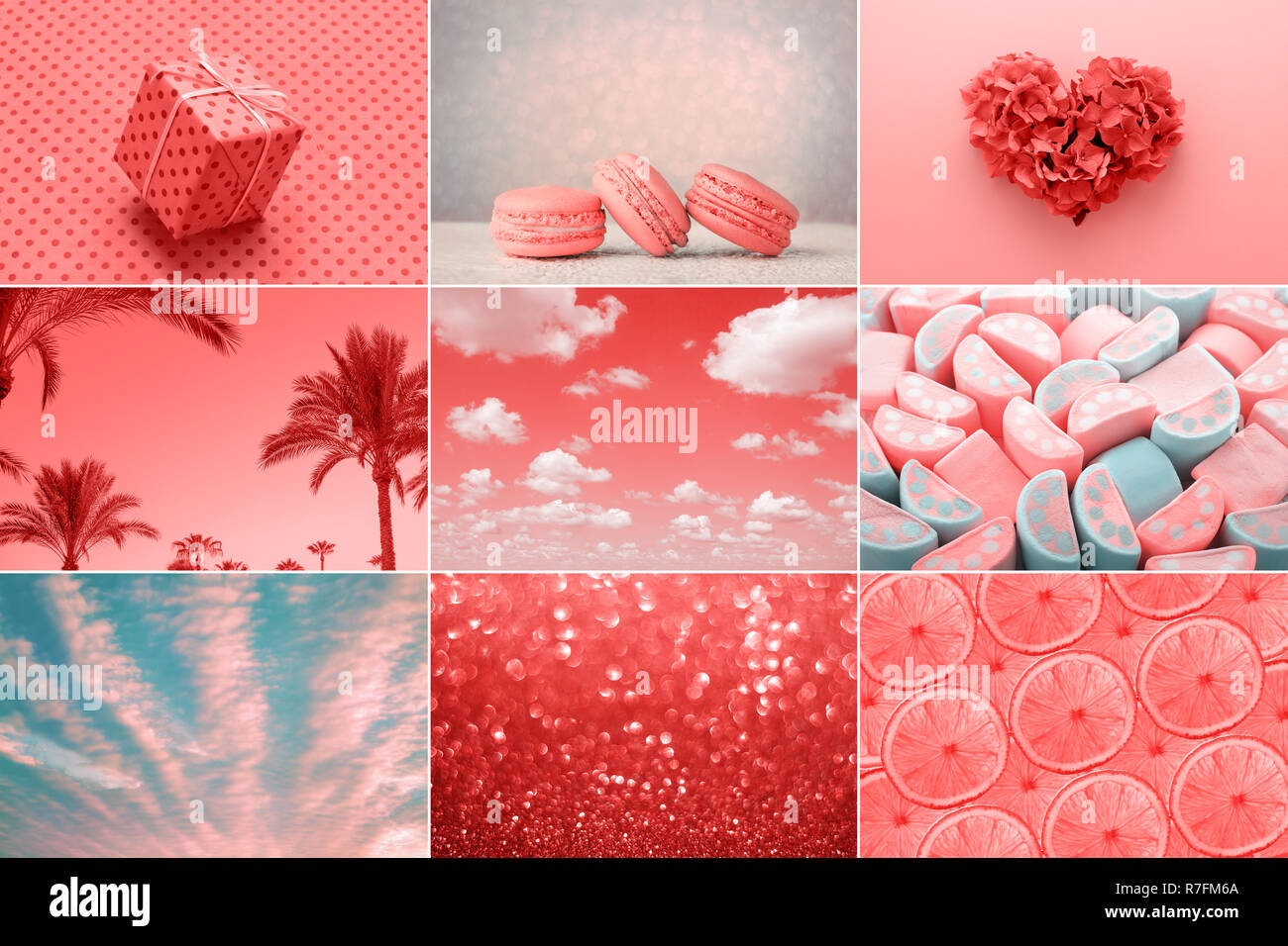 Trendy kreative Collage in lebende Koralle Farbe des Jahres 2019. Liebe Herz, süß, Geschenk, Mode. Stockfoto