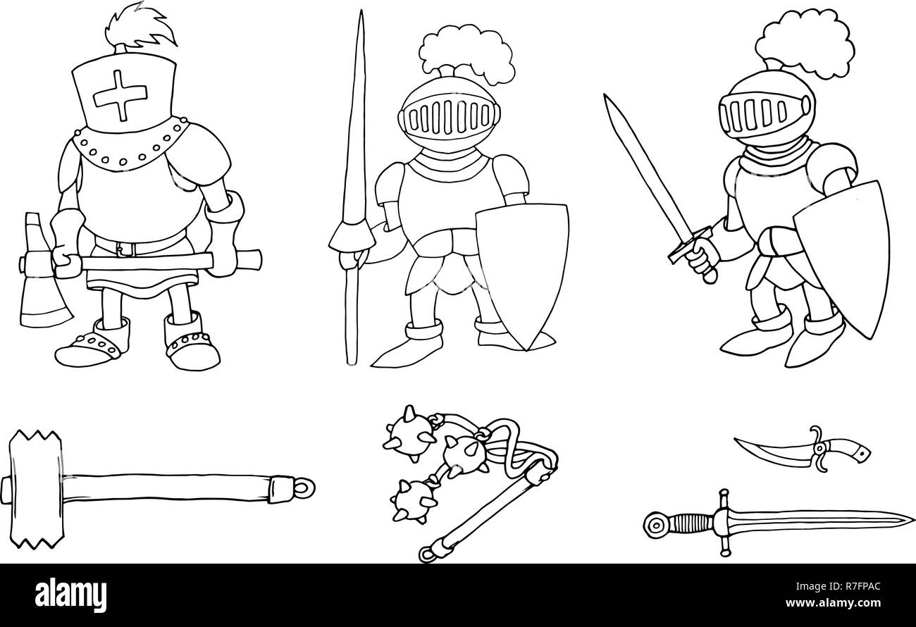 Färbung von Cartoon drei mittelalterlichen Ritter prepering für Ritter Turnier Stock Vektor